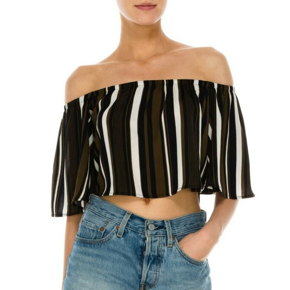 Olive Multicolor Striped Off Shoulder Crop top